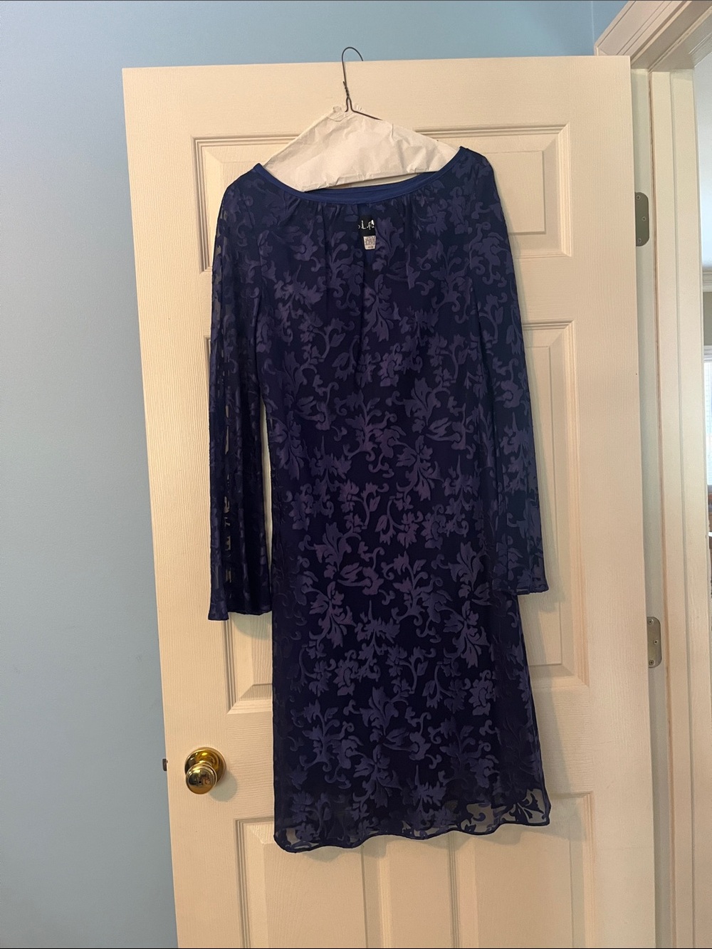 S.L. Fashions Navy Floral Long Sleeve Sheer Overlay Dress